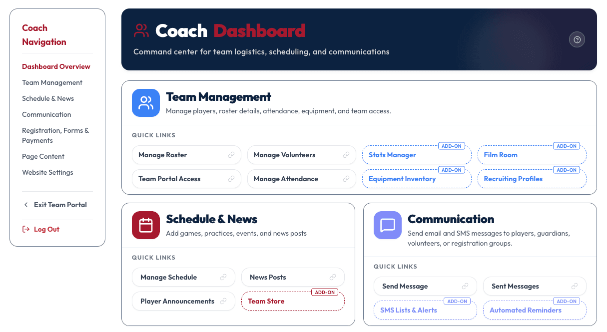 SportStax coach dashboard: Team Management, Schedule & News, and Communication, with optional add-ons labelled.